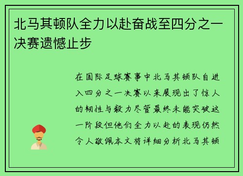 北马其顿队全力以赴奋战至四分之一决赛遗憾止步