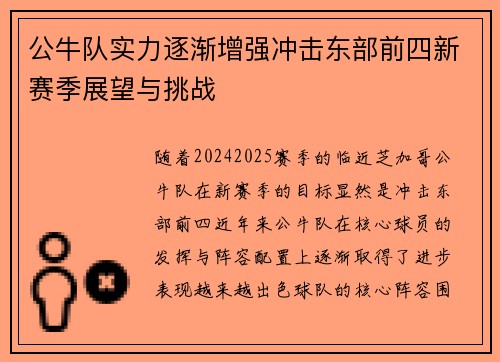 公牛队实力逐渐增强冲击东部前四新赛季展望与挑战