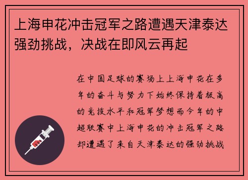 上海申花冲击冠军之路遭遇天津泰达强劲挑战，决战在即风云再起