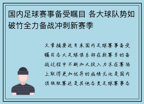 国内足球赛事备受瞩目 各大球队势如破竹全力备战冲刺新赛季