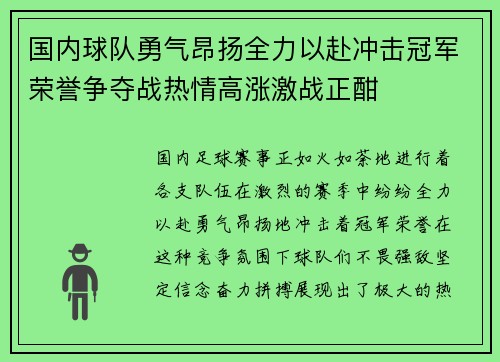 国内球队勇气昂扬全力以赴冲击冠军荣誉争夺战热情高涨激战正酣