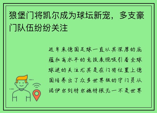 狼堡门将凯尔成为球坛新宠，多支豪门队伍纷纷关注