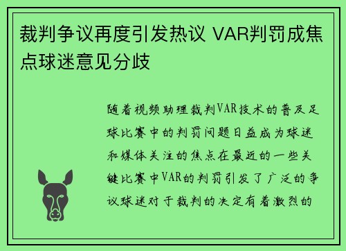 裁判争议再度引发热议 VAR判罚成焦点球迷意见分歧